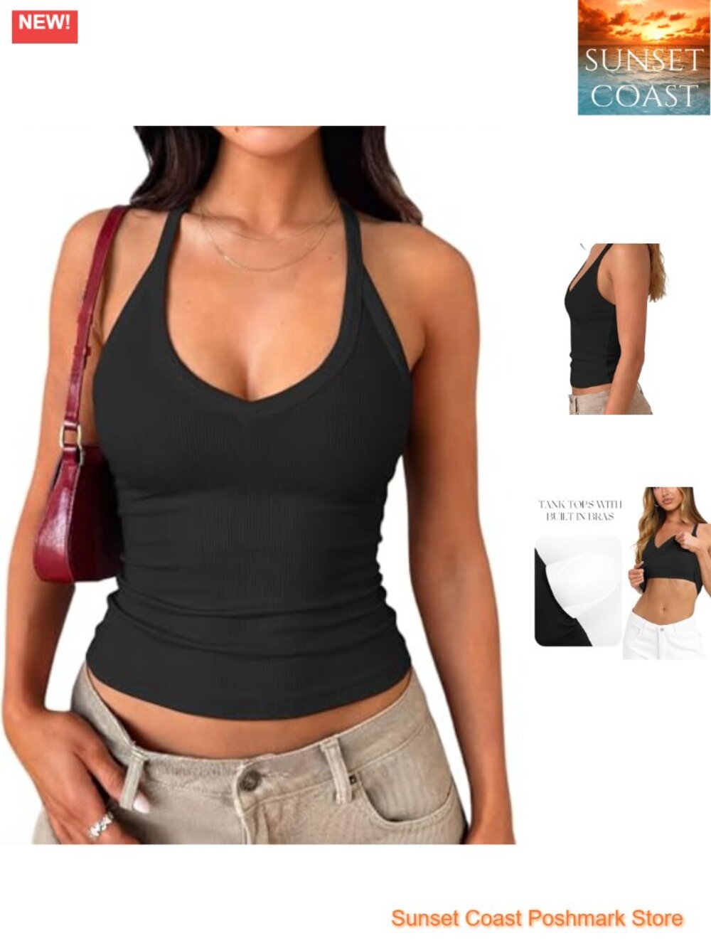 Women's Racerback Tank Tops Built-in Bra V-Neck Cotton Ribbed Shirts